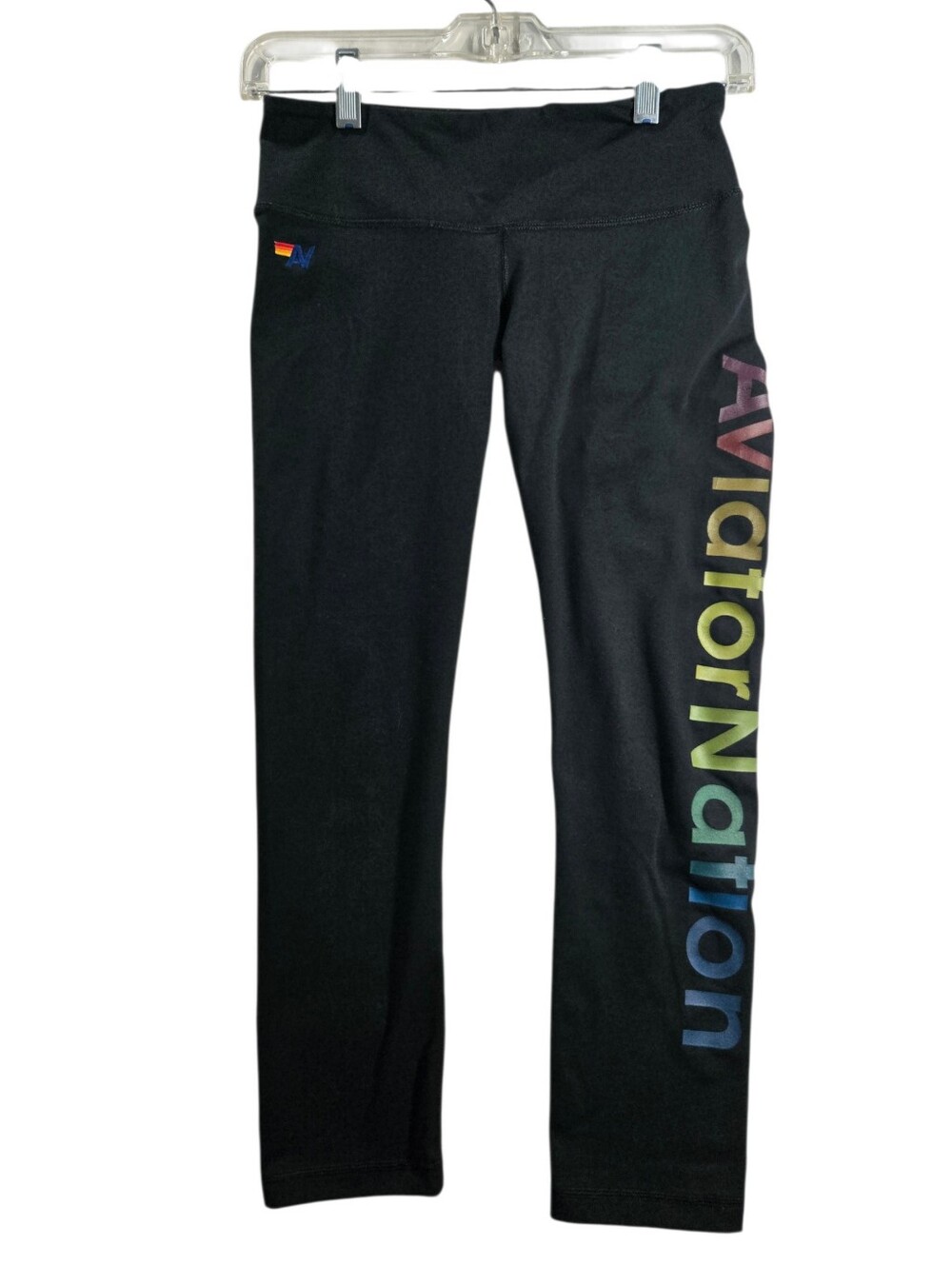 Aviator Nation Black Rainbow Spellout Logo Capri Cropped Leggings Small